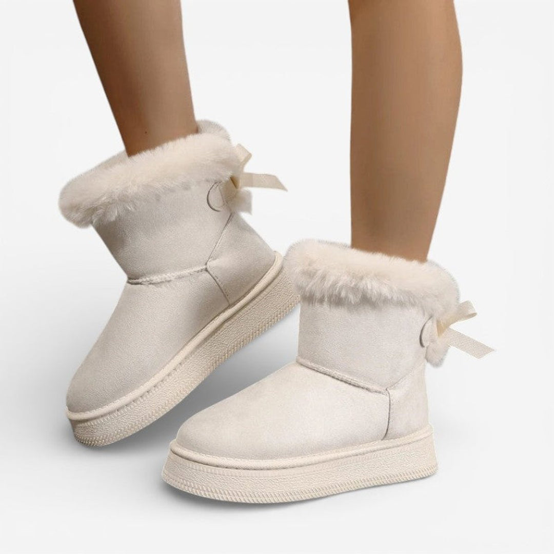 Women's Faux Fur Trim Flat Ankle Boots Bow Detail