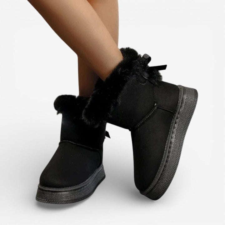 Women's Faux Fur Trim Flat Ankle Boots Bow Detail