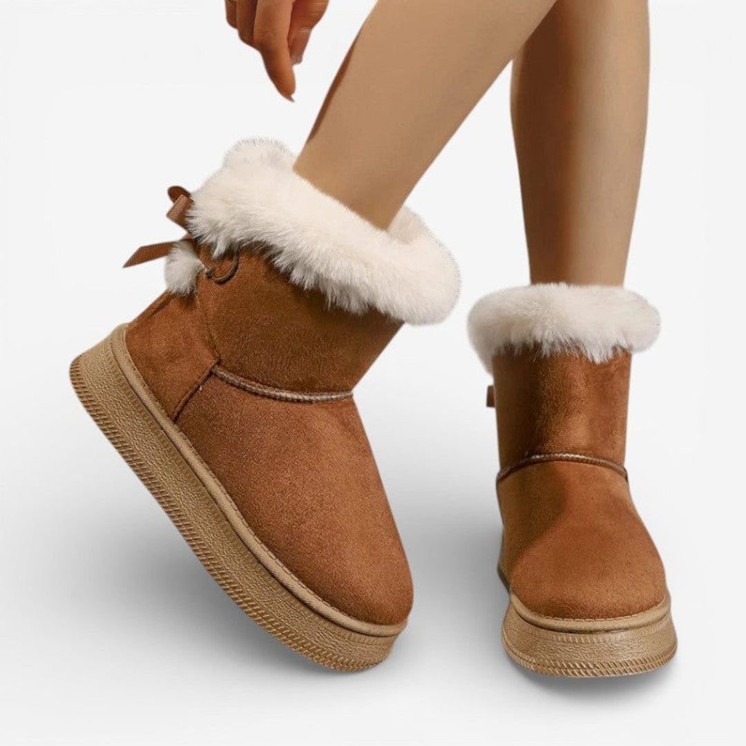 Women's Faux Fur Trim Flat Ankle Boots Bow Detail