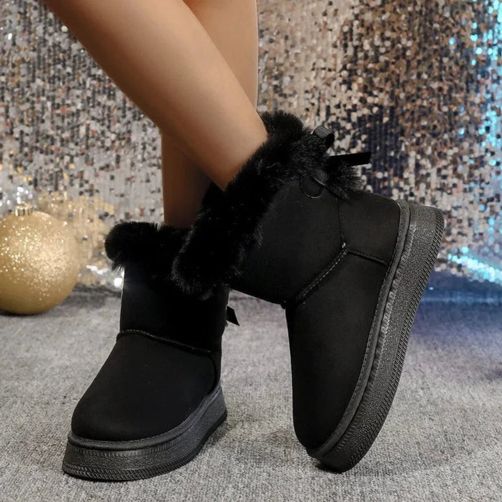 Women's Faux Fur Trim Flat Ankle Boots Bow Detail