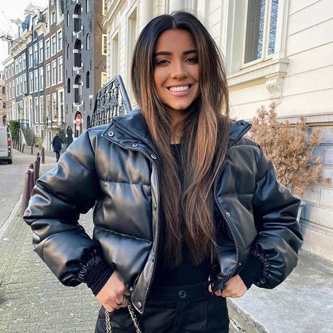 Women's Faux Leather Hooded Cropped Puffer Jacket Ladies Coat