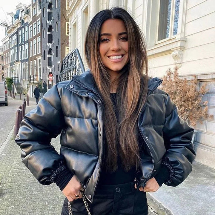 Women's Faux Leather Hooded Cropped Puffer Jacket Ladies Coat