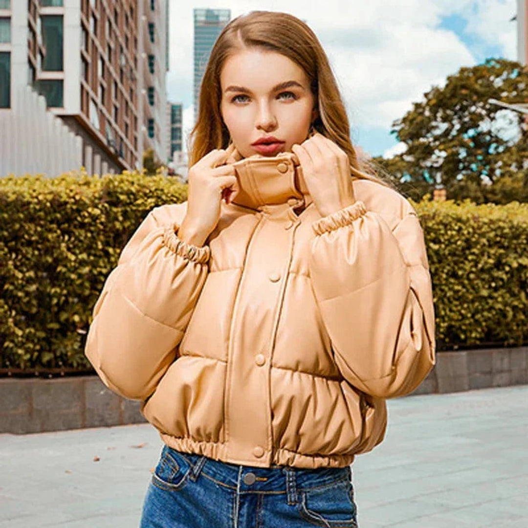 Women's Faux Leather Hooded Cropped Puffer Jacket Ladies Coat