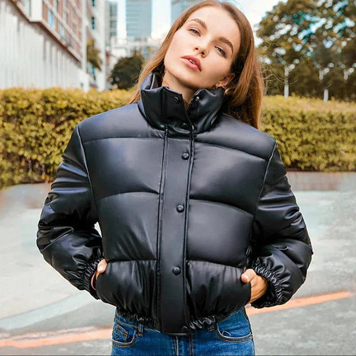 Women's Faux Leather Hooded Cropped Puffer Jacket Ladies Coat