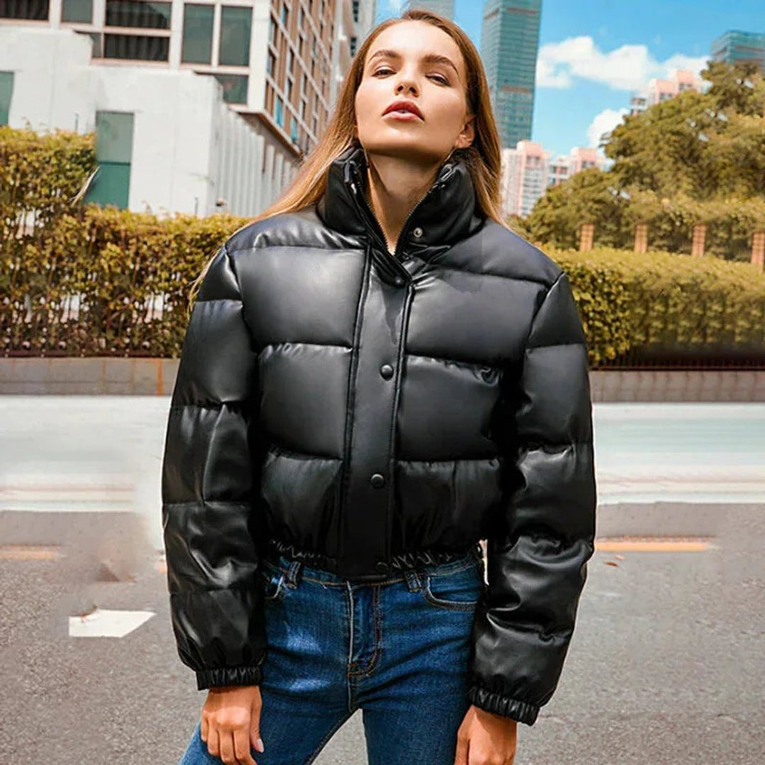 Women's Faux Leather Hooded Cropped Puffer Jacket Ladies Coat