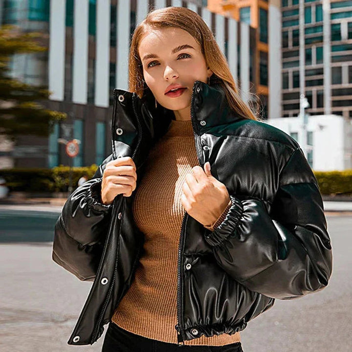 Women's Faux Leather Hooded Cropped Puffer Jacket Ladies Coat