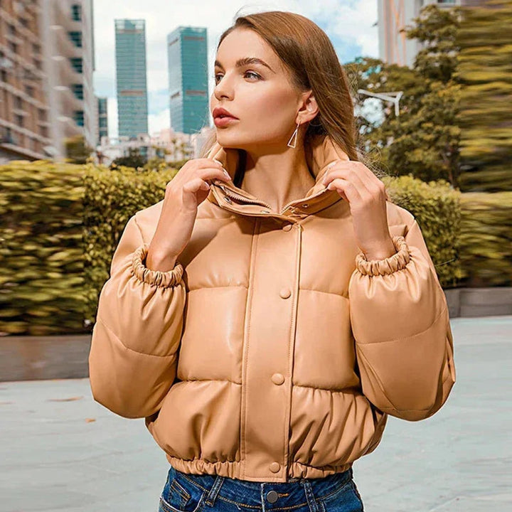 Women's Faux Leather Hooded Cropped Puffer Jacket Ladies Coat