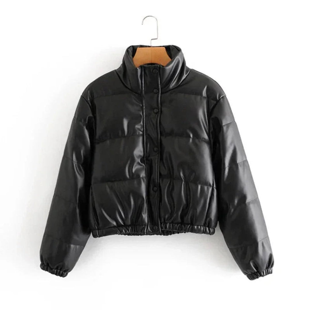 Women's Faux Leather Hooded Cropped Puffer Jacket Ladies Coat