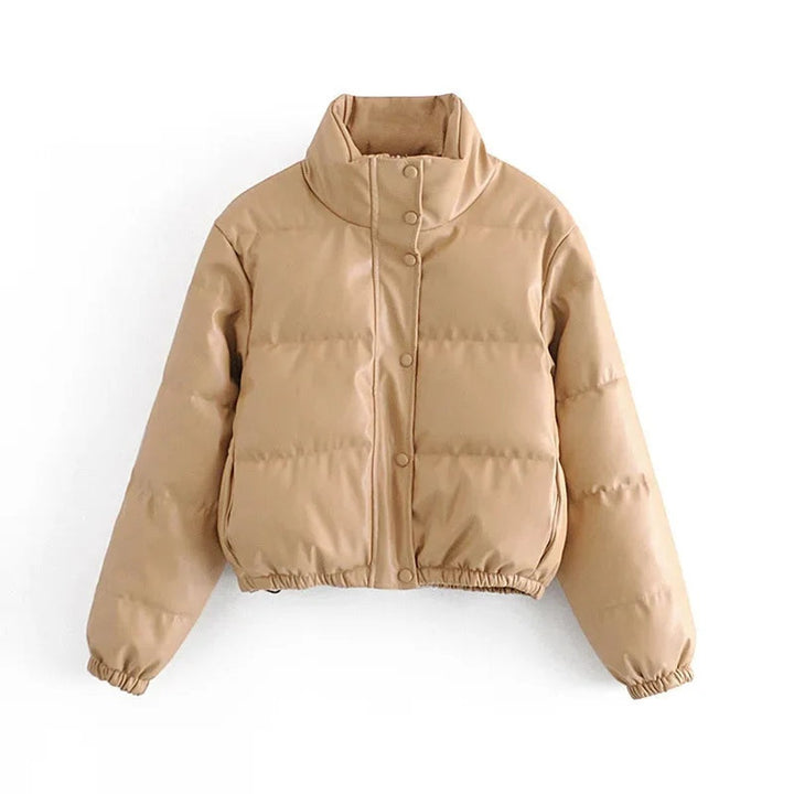 Women's Faux Leather Hooded Cropped Puffer Jacket Ladies Coat