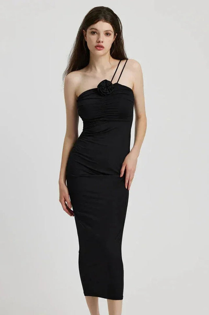 Women's Fitted Asymmetric Halter Neck Christmas Party Midi Dress Floral Detail