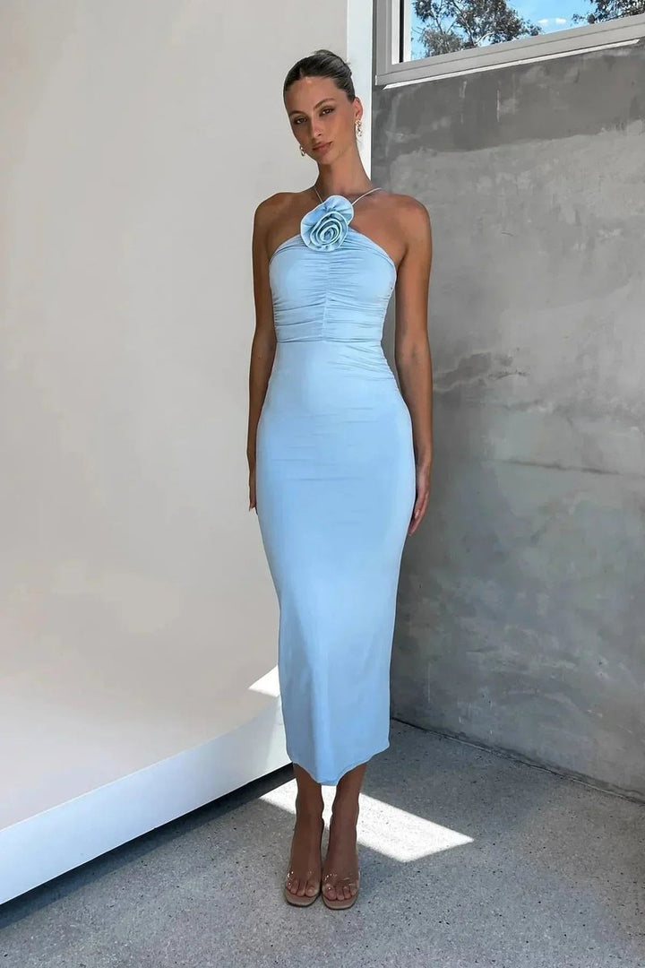 Women's Fitted Asymmetric Halter Neck Christmas Party Midi Dress Floral Detail