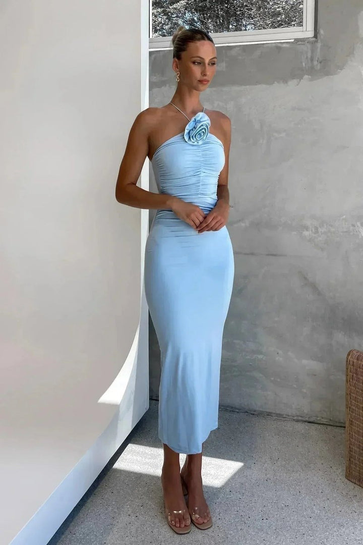 Women's Fitted Asymmetric Halter Neck Christmas Party Midi Dress Floral Detail