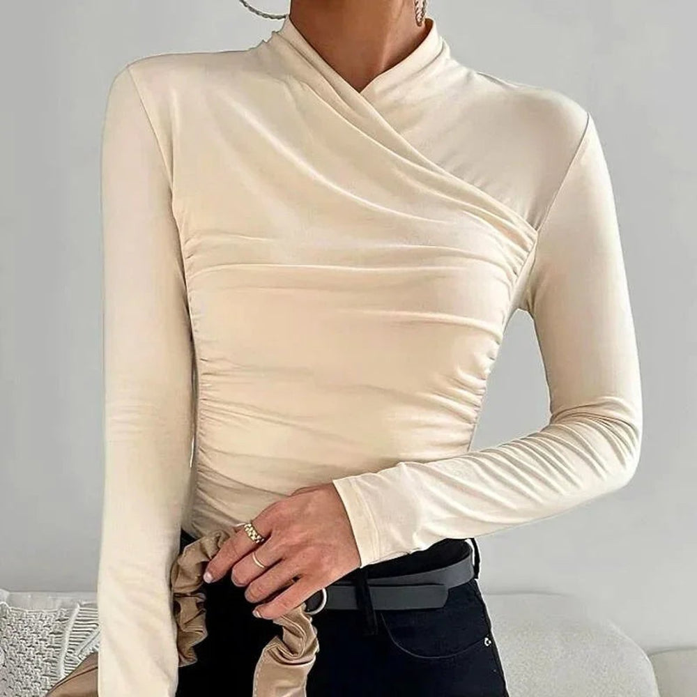 Women's Fitted Asymmetric Roll-Neck Long-Sleeve Blouse