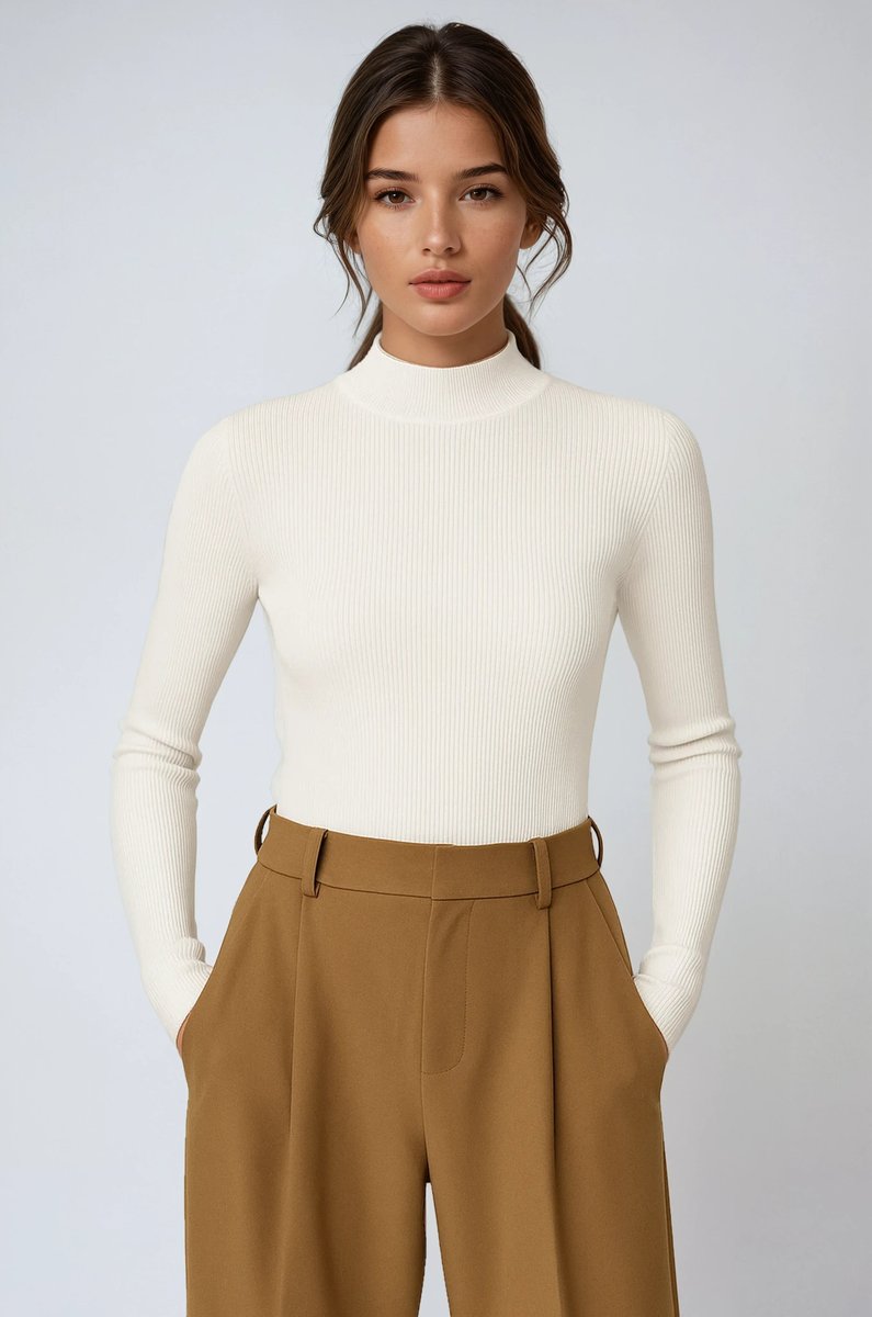 Women's Fitted Ribbed Knitted Roll Neck Jumper Mock Turtleneck