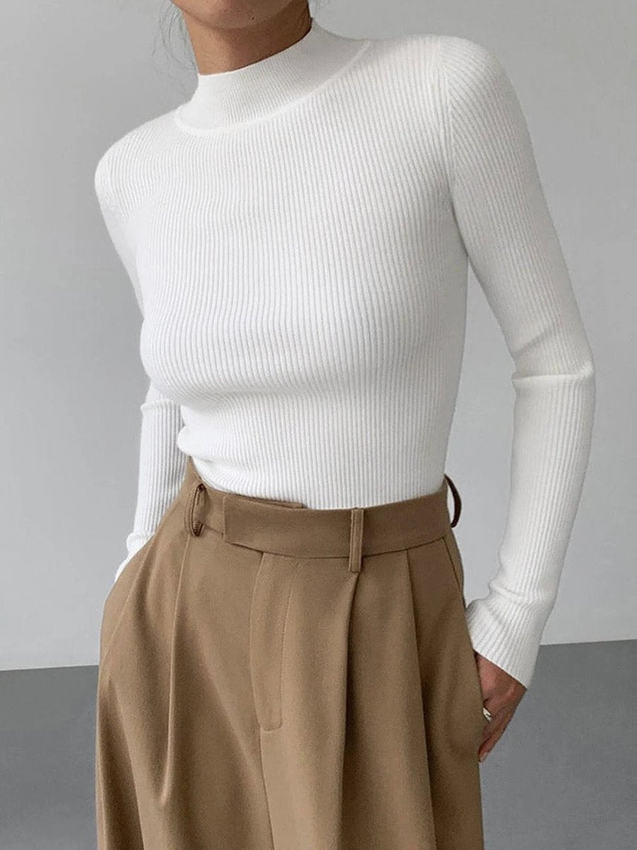 Women's Fitted Ribbed Knitted Roll Neck Jumper Mock Turtleneck