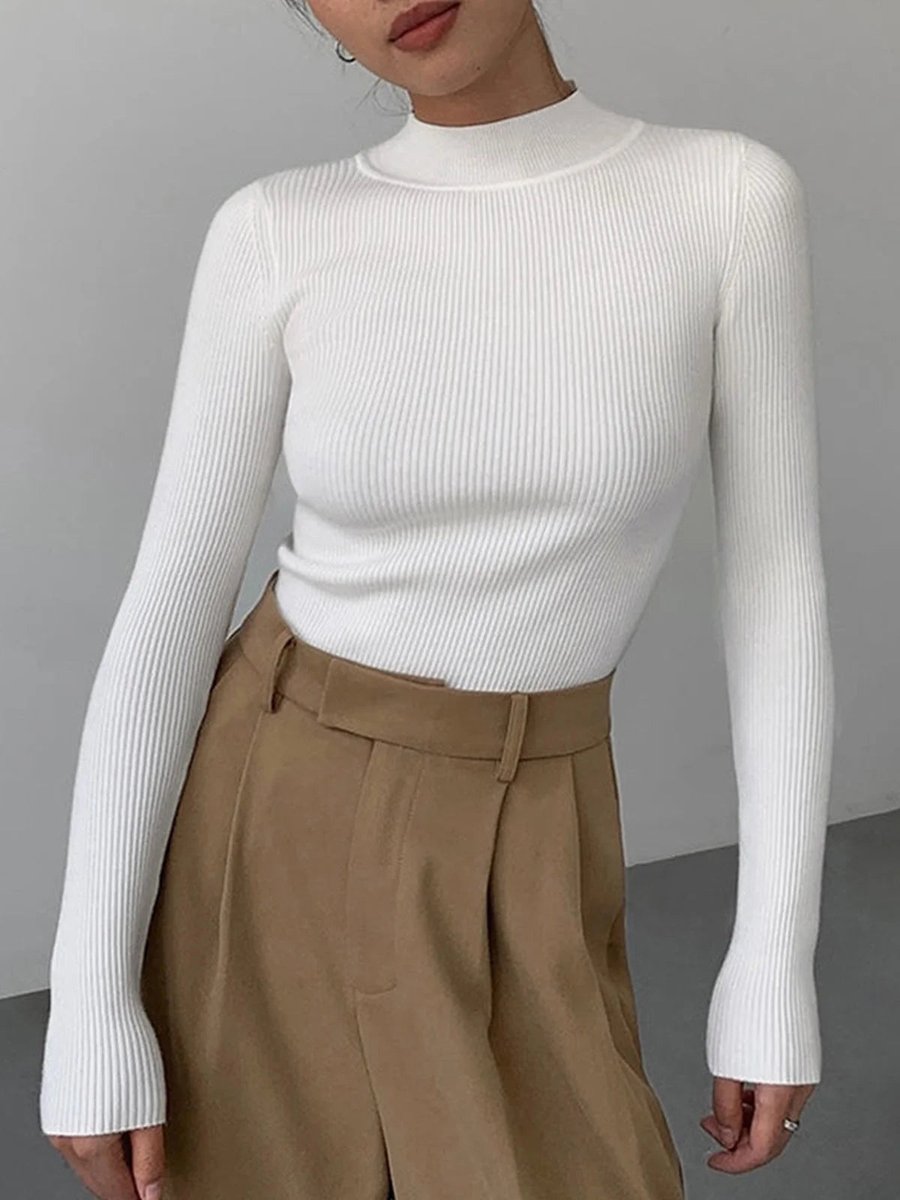 Women's Fitted Ribbed Knitted Roll Neck Jumper Mock Turtleneck