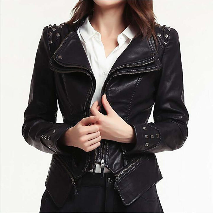 Women's Fitted Studded Faux Leather Biker Jacket Coat