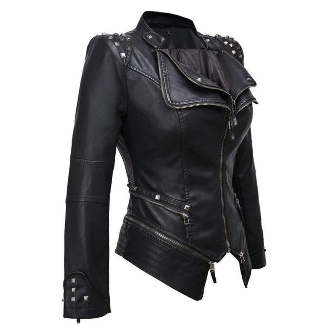 Women's Fitted Studded Faux Leather Biker Jacket Coat