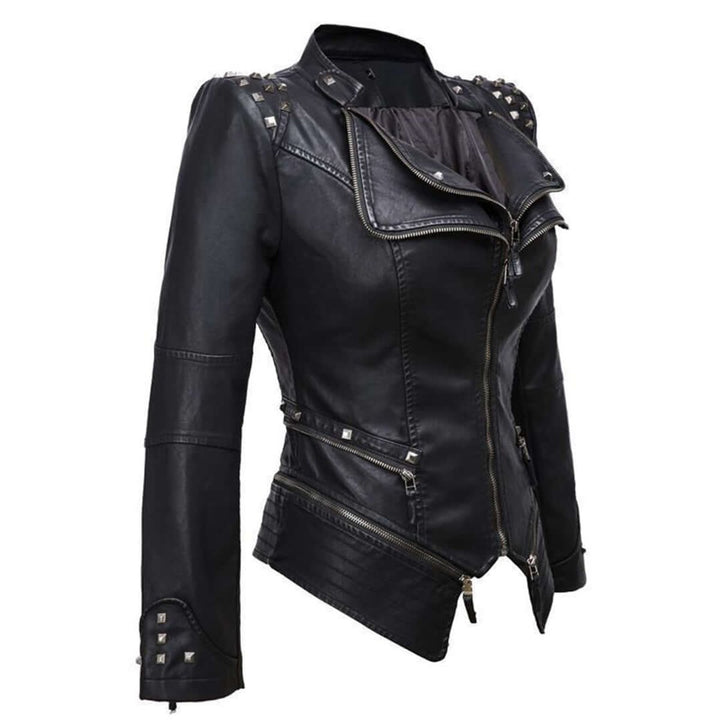 Women's Fitted Studded Faux Leather Biker Jacket Coat