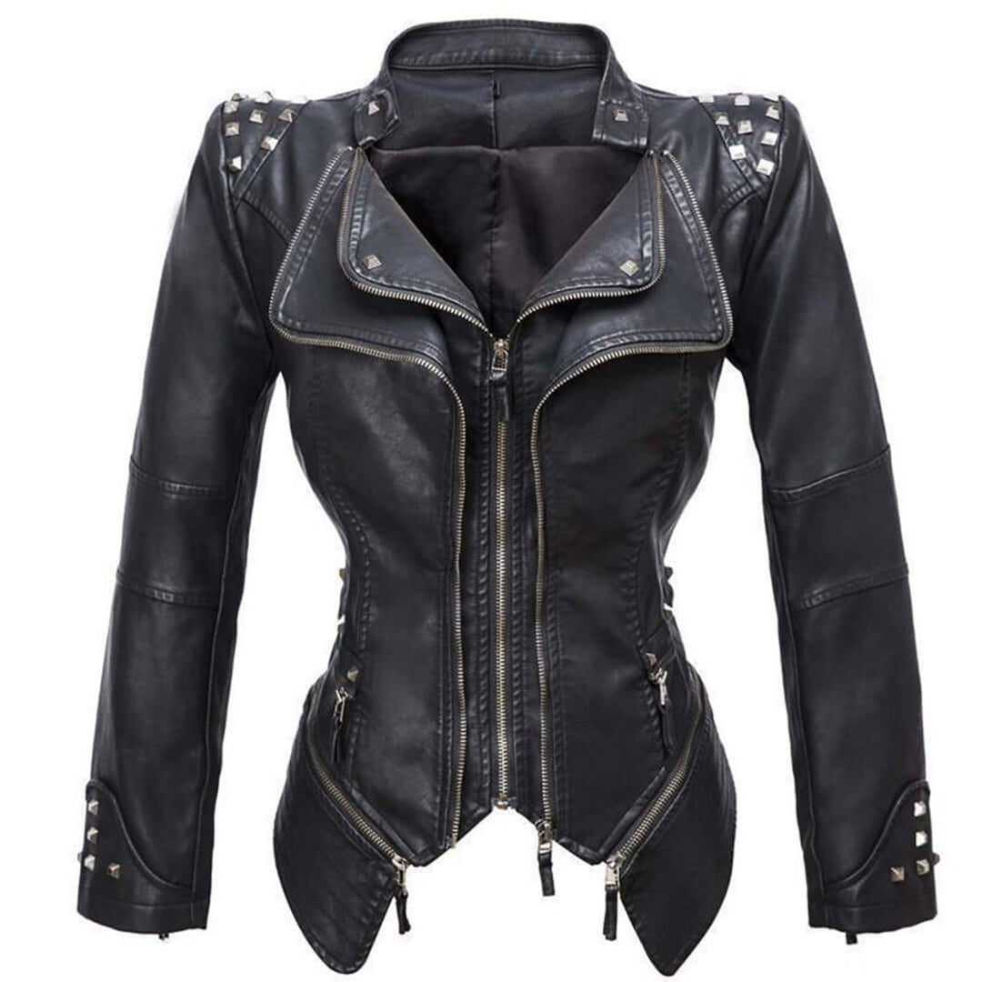 Women's Fitted Studded Faux Leather Biker Jacket Coat