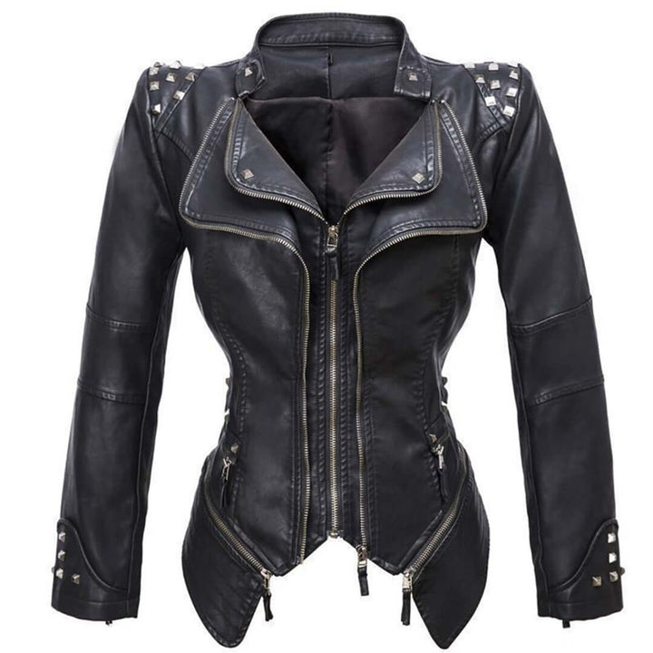 Women's Fitted Studded Faux Leather Biker Jacket Coat