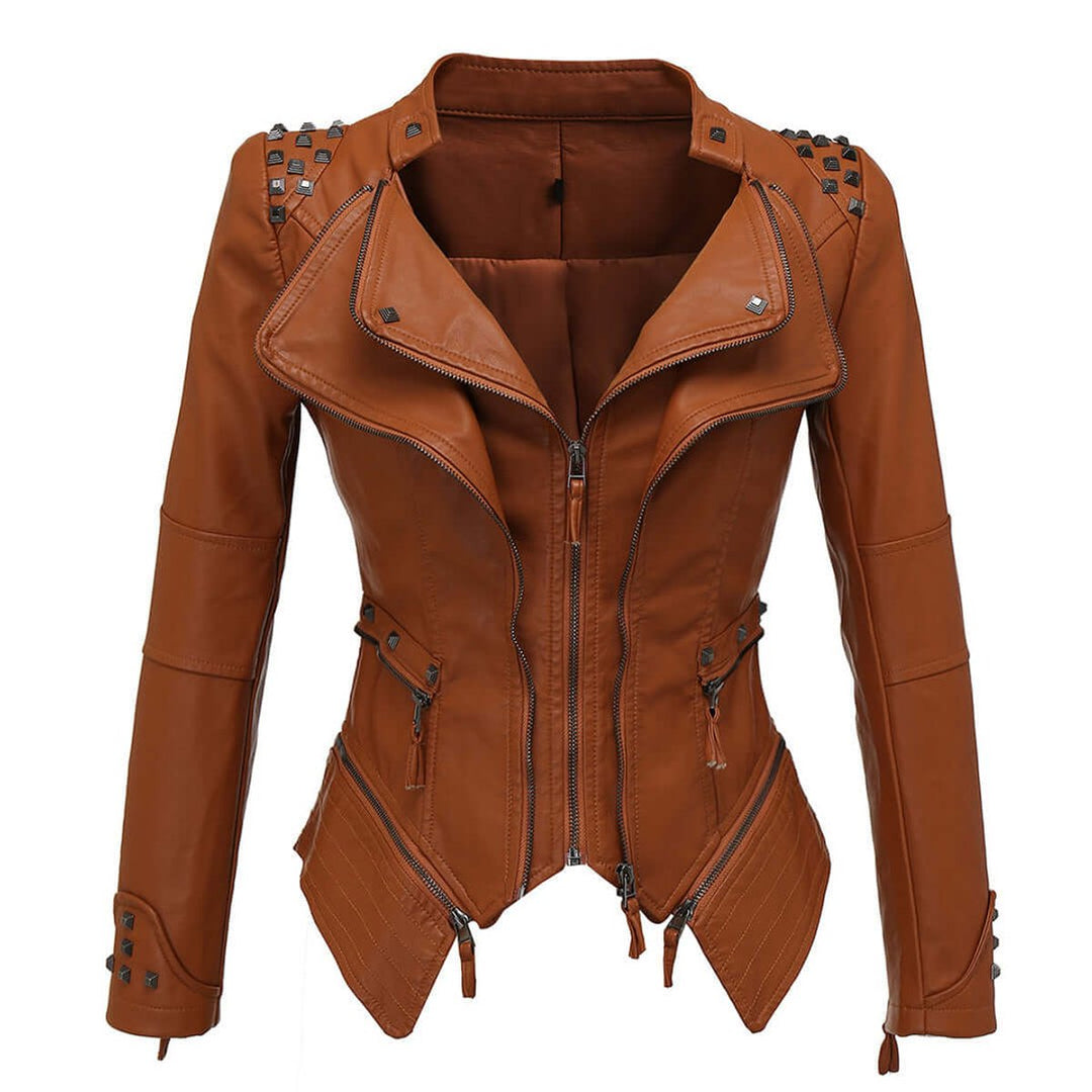 Women's Fitted Studded Faux Leather Biker Jacket Coat