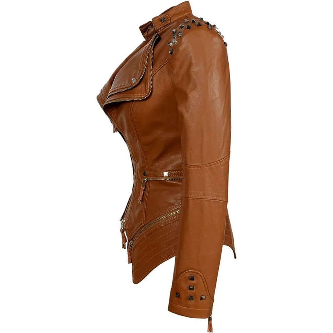 Women's Fitted Studded Faux Leather Biker Jacket Coat