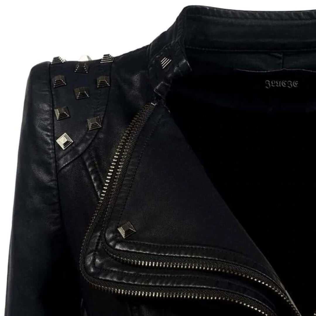 Women's Fitted Studded Faux Leather Biker Jacket Coat