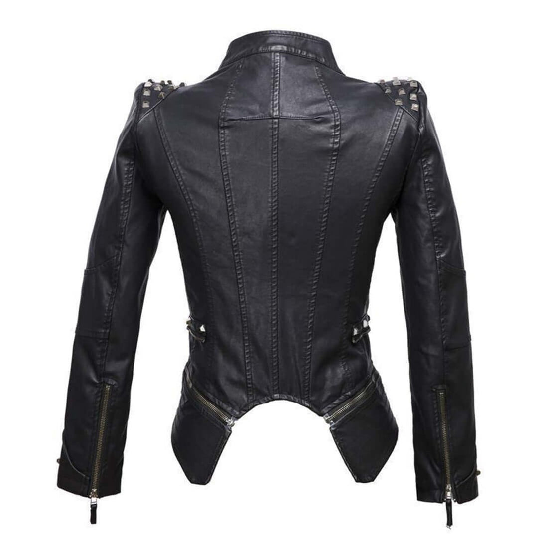 Women's Fitted Studded Faux Leather Biker Jacket Coat