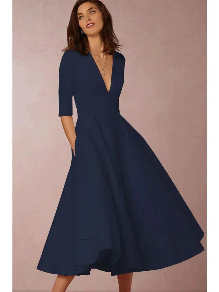 Women's Flared V-Neck Midi Christmas Party Everyday Day Dress Pockets