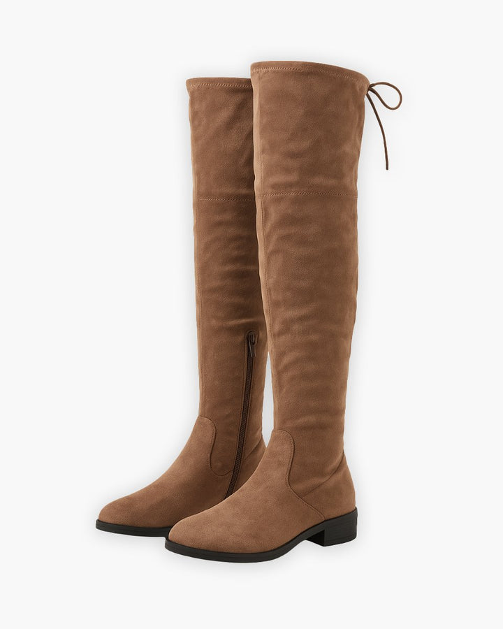Women's Flat Over-The-Knee Suede Side-Zip Boots - Tan