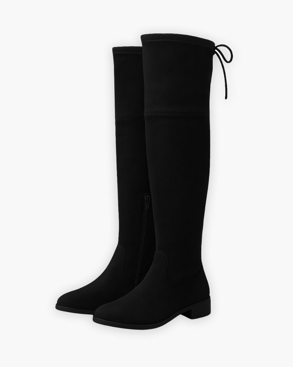 Women's Flat Over-The-Knee Suede Side-Zip Boots - Black