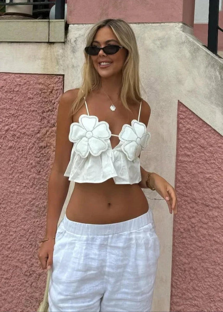 Women's Floral Appliqué Crop Cami Top Floral Blouse Spaghetti Strap