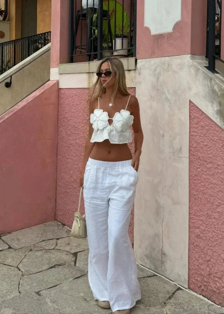 Women's Floral Appliqué Crop Cami Top Floral Blouse Spaghetti Strap