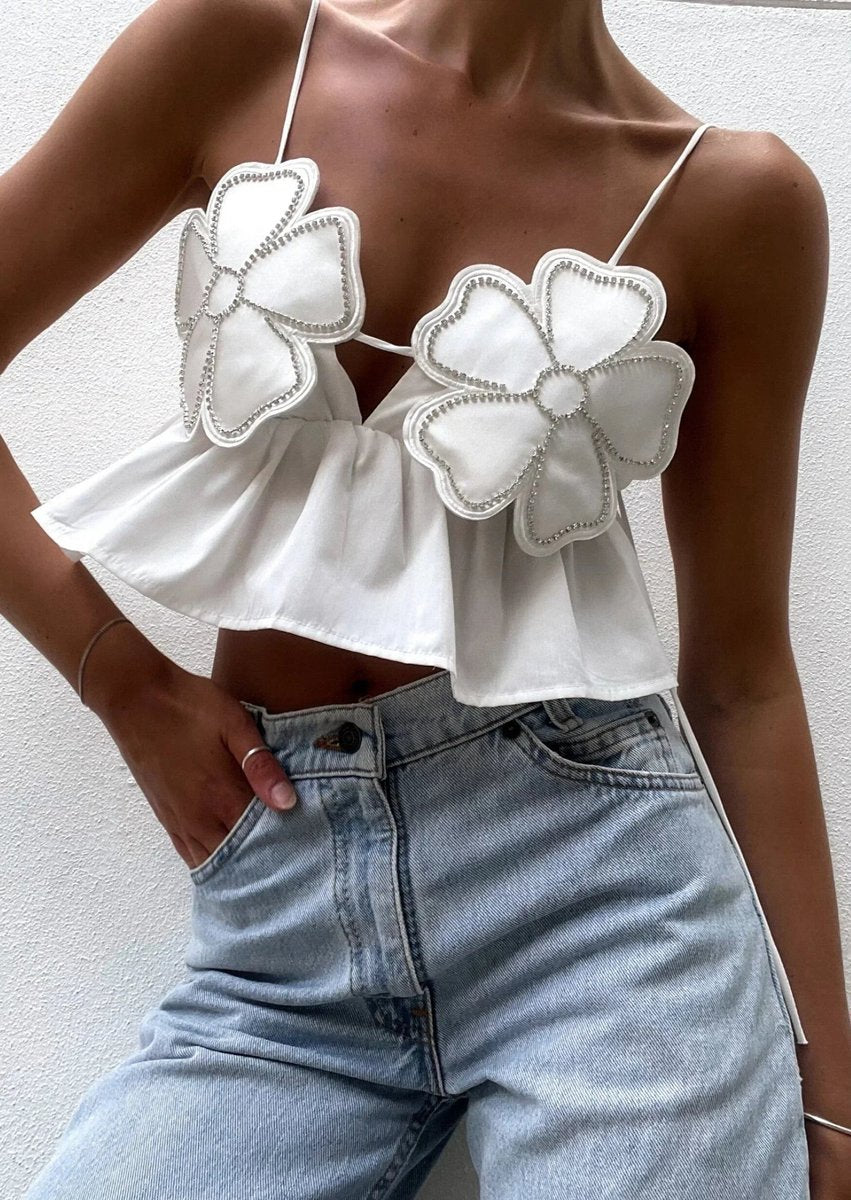 Women's Floral Appliqué Crop Cami Top Floral Blouse Spaghetti Strap