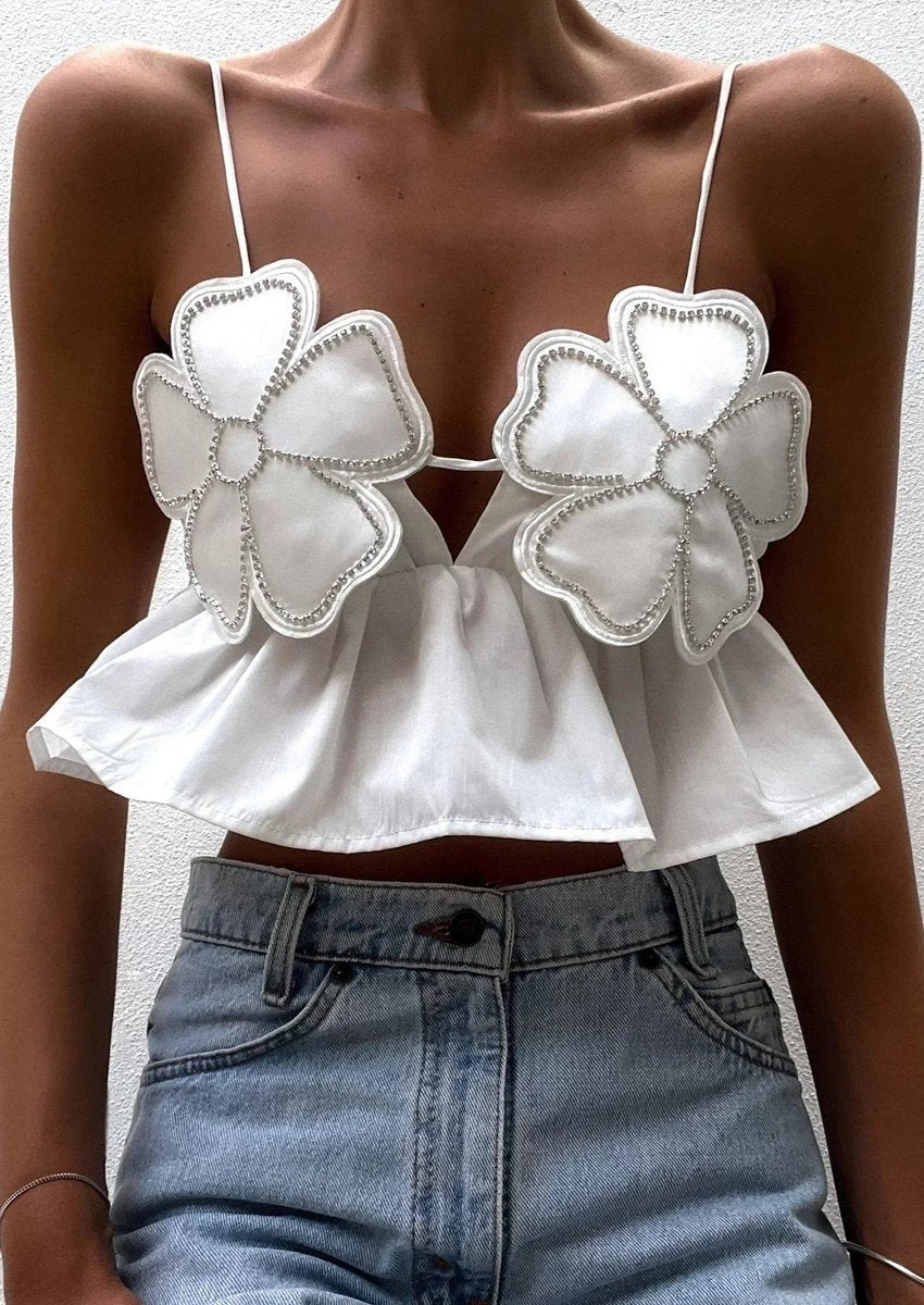 Women's Floral Appliqué Crop Cami Top Floral Blouse Spaghetti Strap