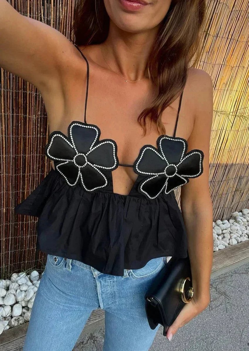 Women's Floral Appliqué Crop Cami Top Floral Blouse Spaghetti Strap