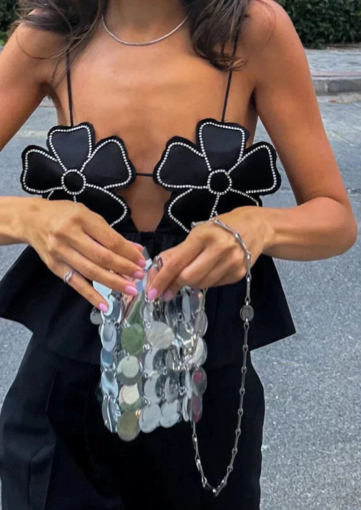 Women's Floral Appliqué Crop Cami Top Floral Blouse Spaghetti Strap
