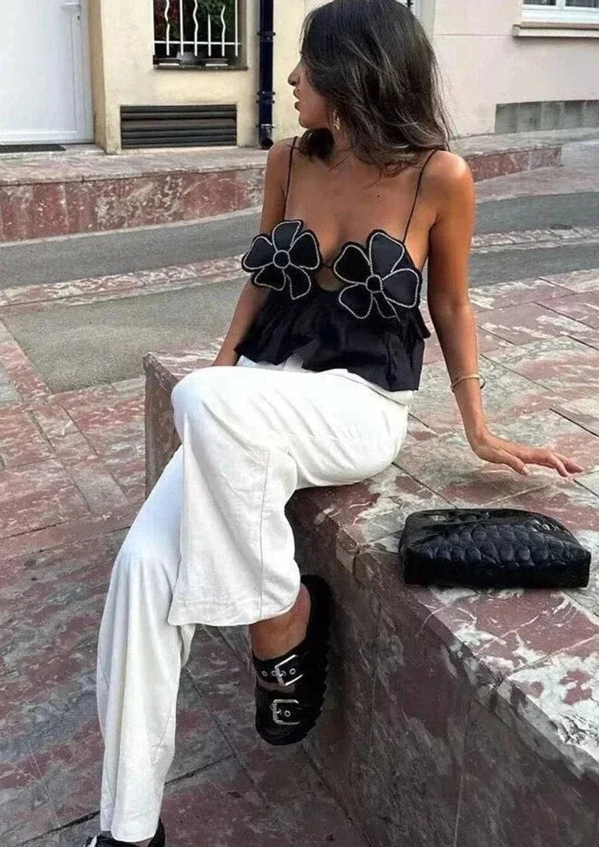 Women's Floral Appliqué Crop Cami Top Floral Blouse Spaghetti Strap
