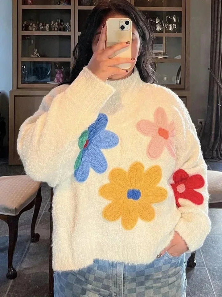 Women's Floral Appliqué Oversized Knitted Jumper