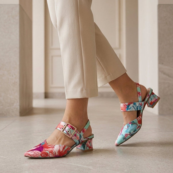 Women's Floral Block-Heel Slingback Pointed-Toe Heels