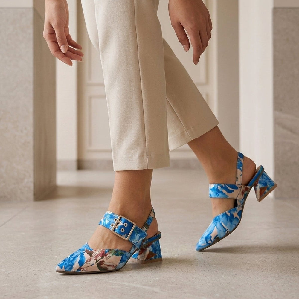 Women's Floral Block-Heel Slingback Pointed-Toe Heels