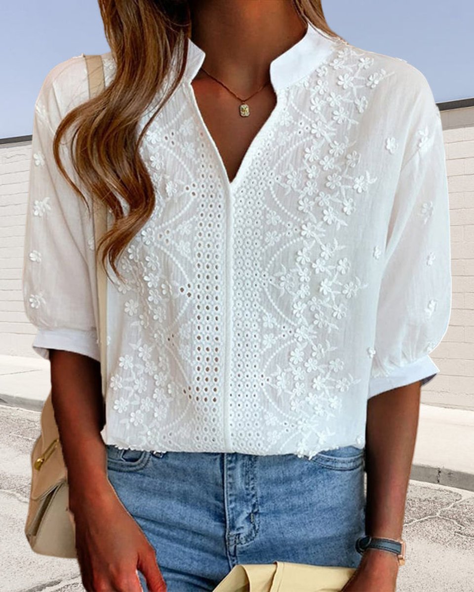 Women's Floral Blouse Embroidered Puff-Sleeve Vintage V-Neck Top