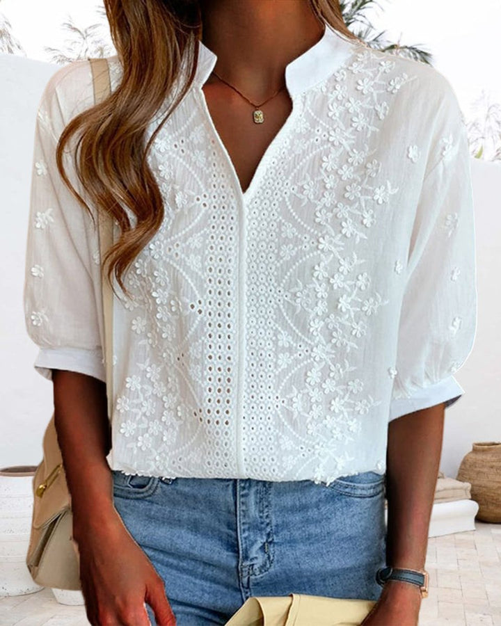 Women's Floral Blouse Embroidered Puff-Sleeve Vintage V-Neck Top