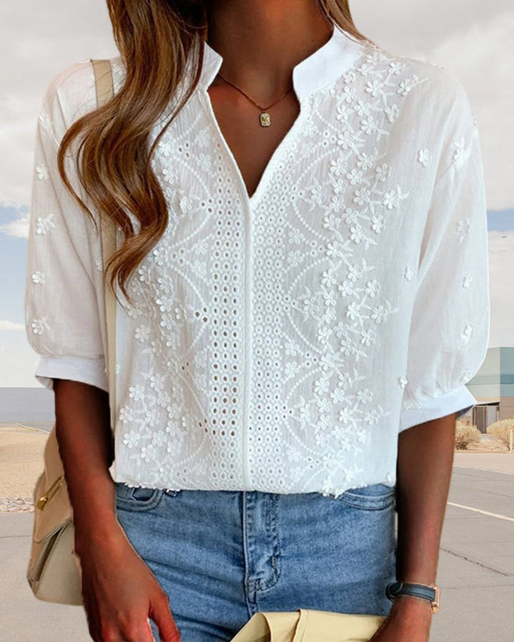 Women's Floral Blouse Embroidered Puff-Sleeve Vintage V-Neck Top