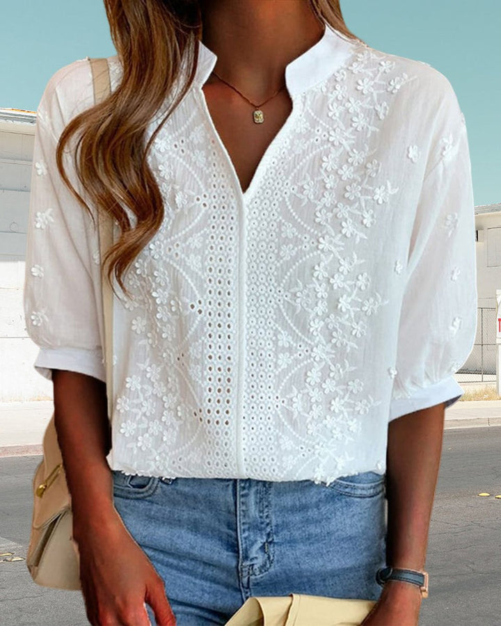 Women's Floral Blouse Embroidered Puff-Sleeve Vintage V-Neck Top