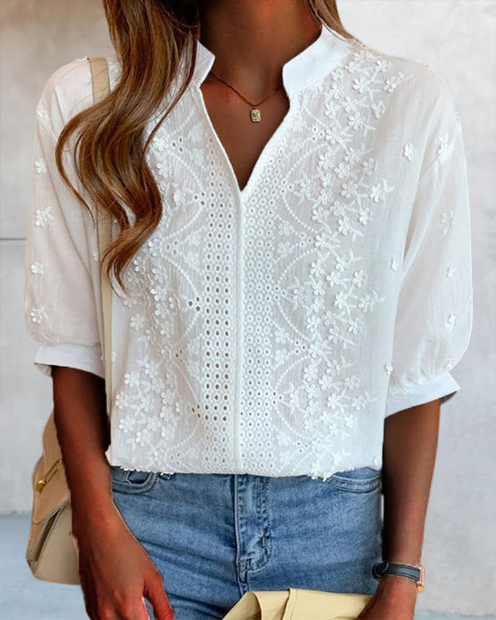 Women's Floral Blouse Embroidered Puff-Sleeve Vintage V-Neck Top