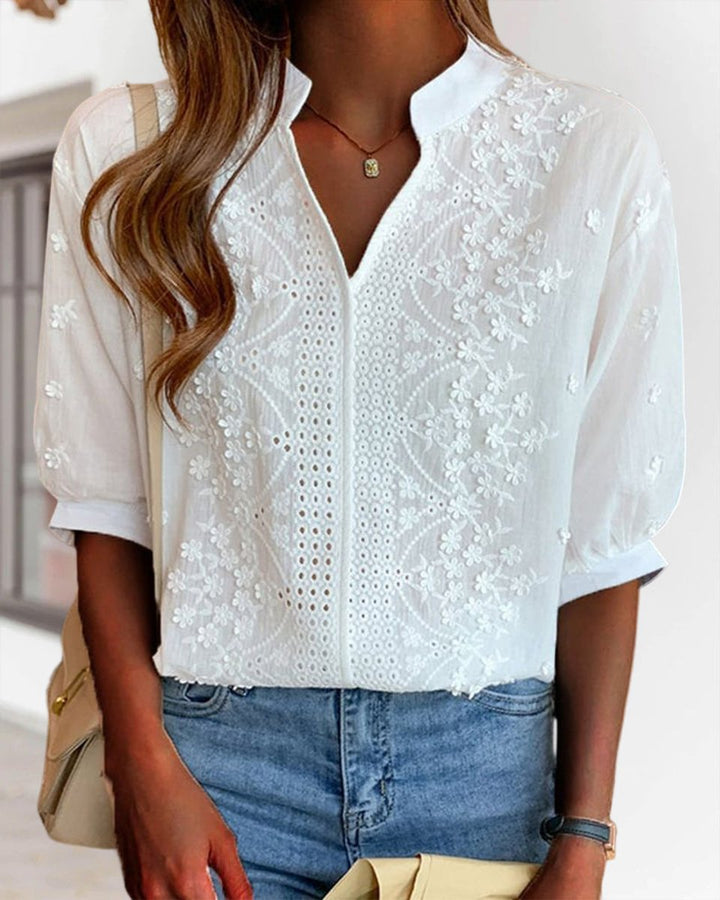 Women's Floral Blouse Embroidered Puff-Sleeve Vintage V-Neck Top