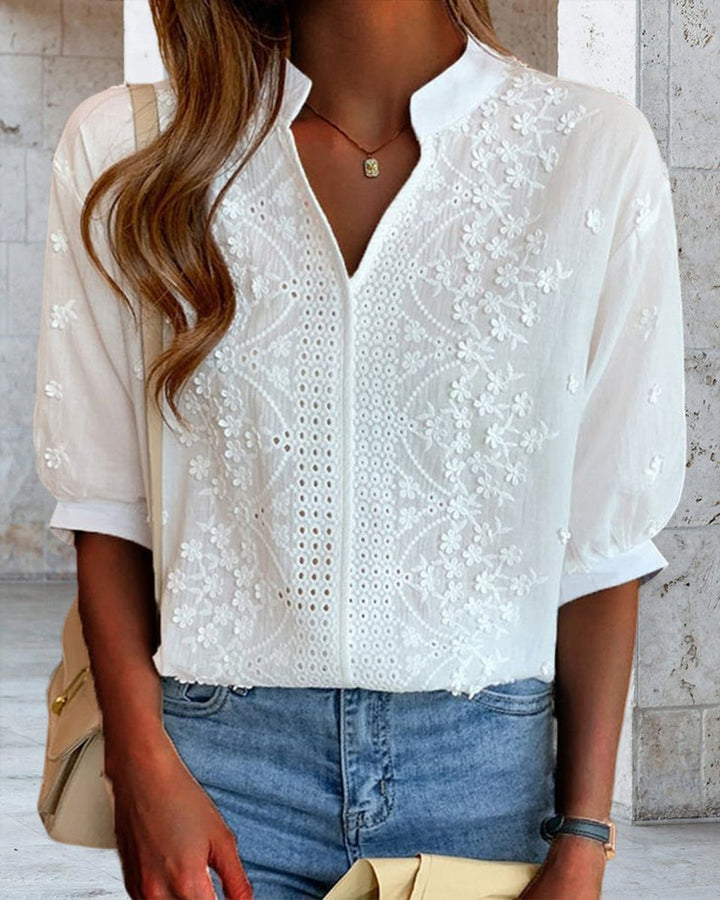 Women's Floral Blouse Embroidered Puff-Sleeve Vintage V-Neck Top