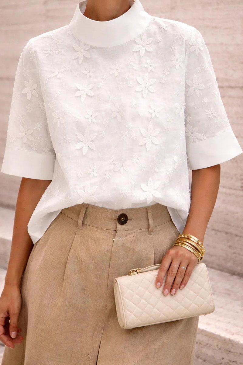 Women's Floral Blouse Mock-Neck Embroidered Short-Sleeve Top